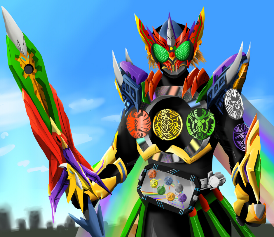 1boy, alternate_costume, armor, gatakiriba_(ooo_combo), helmet, kamen_rider, kamen_rider_ooo, kamen_rider_ooo_(series)
