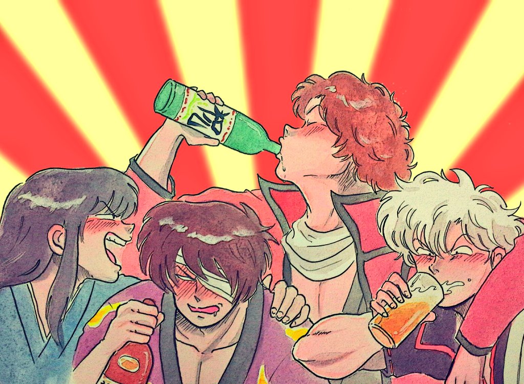 4boys, artist_request, bandage_over_one_eye, black_hair, blush, bottle, brown_hair, drinking