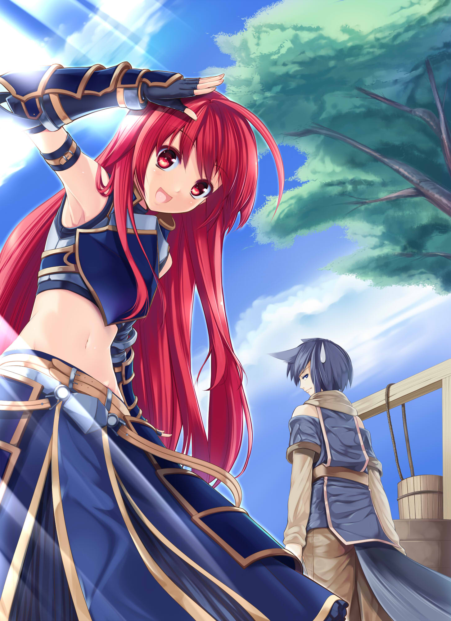 1boy, 1girl, animal_ears, armor, armpits, blue_eyes, fingerless_gloves, gauntlets