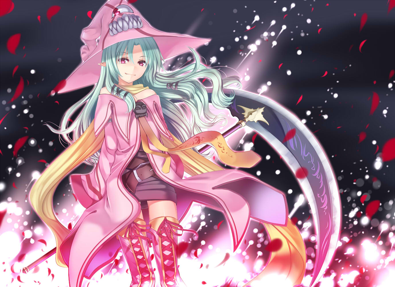 1girl, aqua_hair, gen_(whiteline), hat, long_hair, original, petals, pink_eyes