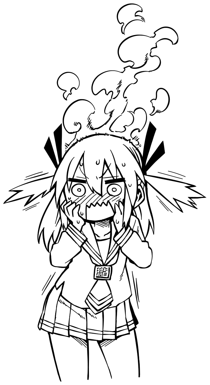 1girl, chankodining_waka, hands_on_own_cheeks, hands_on_own_face, highres, kagami_ryouko, monochrome, original