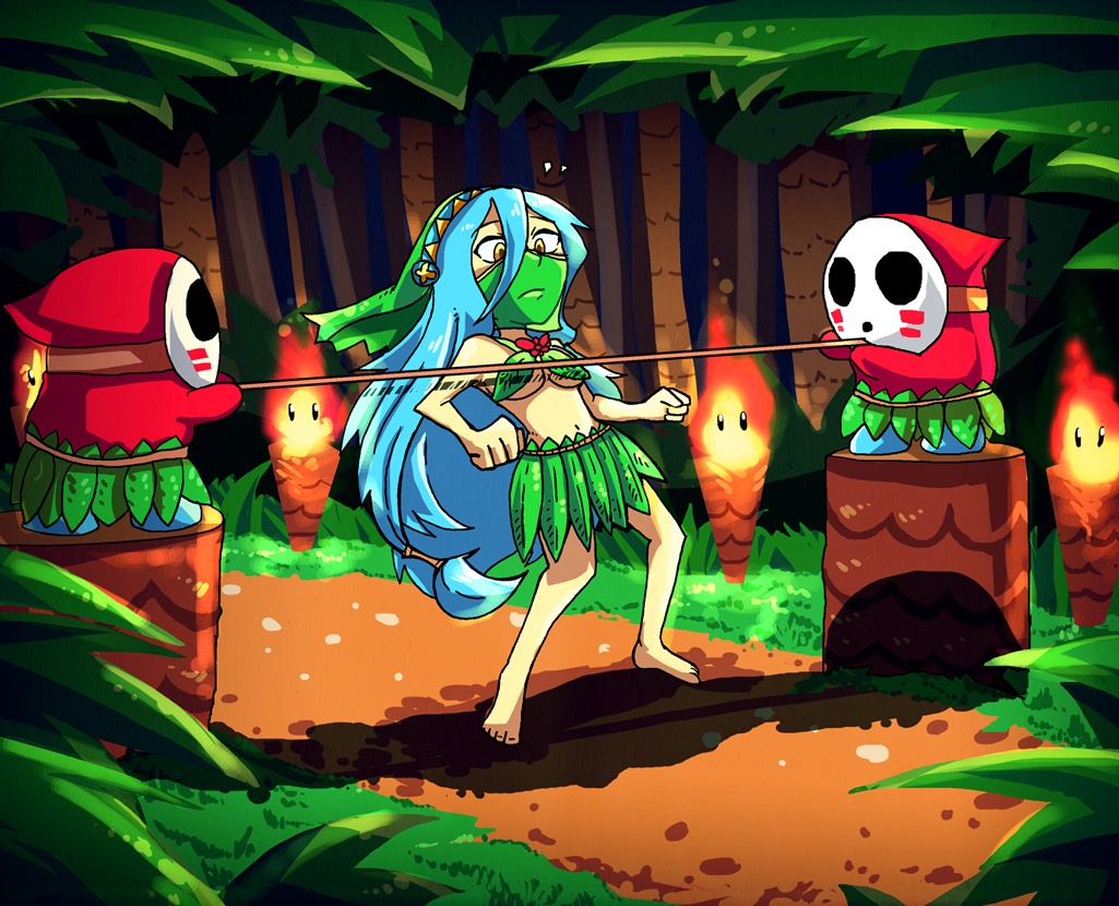 1girl, 2others, aqua_(fire_emblem_if), barefoot, blue_hair, breasts, commentary, crossover