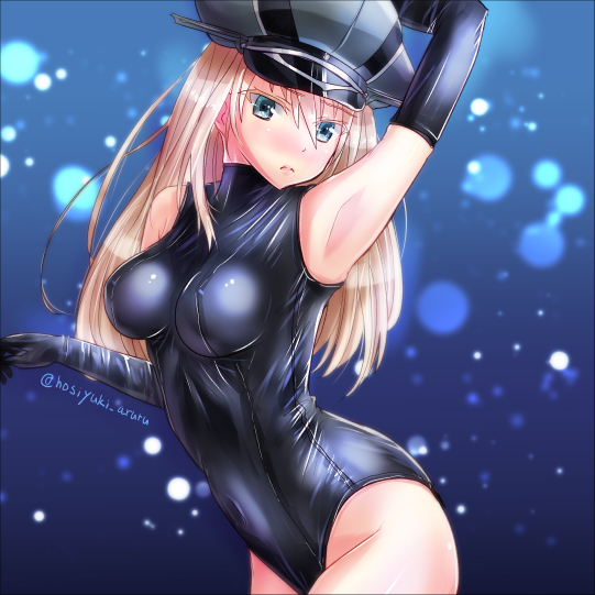 1girl, alternate_costume, arm_at_side, arm_up, armpits, bismarck_(kantai_collection), blonde_hair, blue_eyes, breasts, colored_eyelashes, detached_sleeves, erect_nipples, female, hat, hoshiyuki_aruru, kantai_collection, large_breasts, leotard, long_hair, looking_at_viewer, parted_lips, peaked_cap, showing_armpits, solo