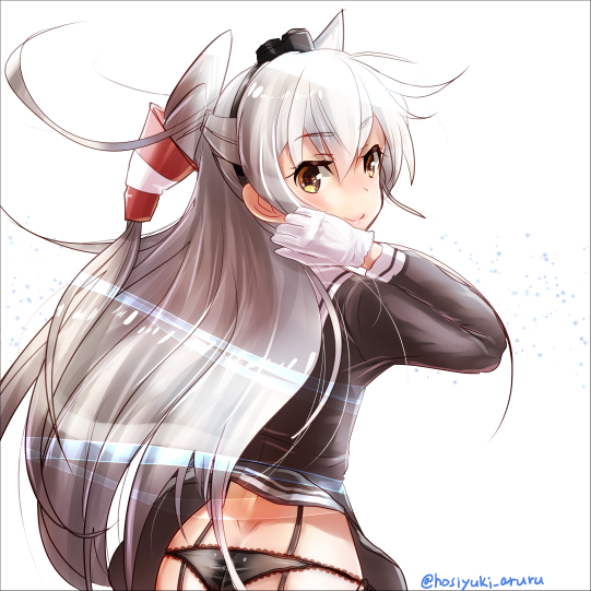 1girl, amatsukaze_(kantai_collection), ass, black_panties, brown_eyes, dress, from_behind, garter_straps