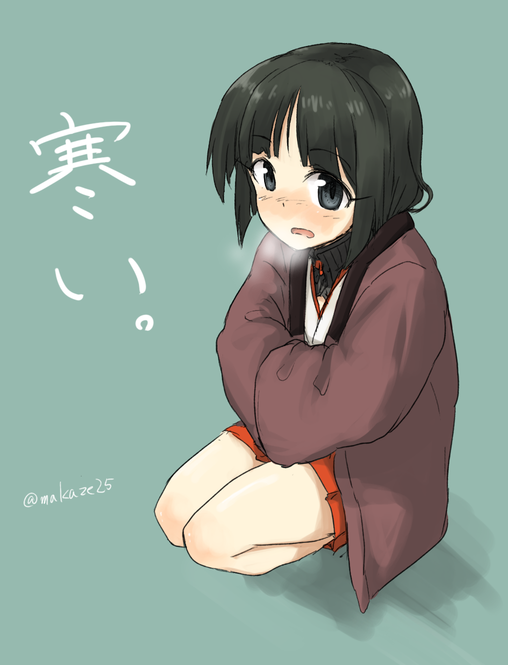 1girl, black_eyes, black_hair, blue_background, blush, breath, cold, crossed_arms