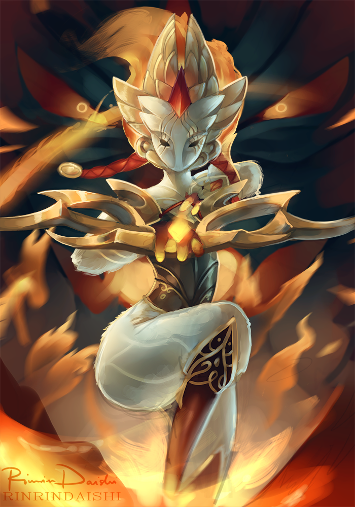 1girl, alternate_costume, bow_(weapon), fire, glowing, glowing_eyes, kindred, lamb_(league_of_legends)