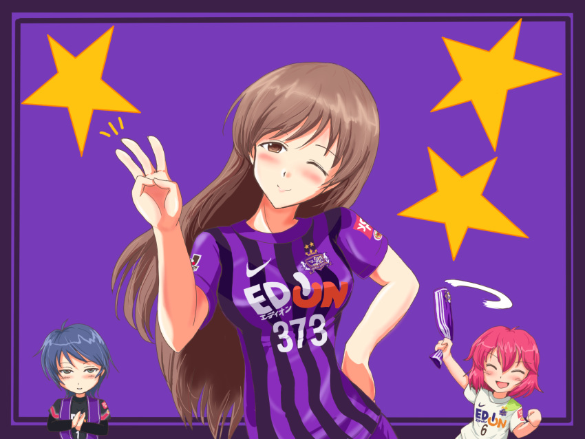 3girls, blue_hair, brown_eyes, brown_hair, flx, highres, idolmaster, idolmaster_cinderella_girls