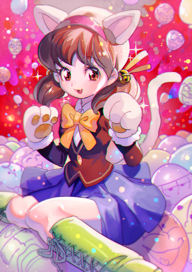 1girl, aoki_(fumomo), balloon, bell, blazer, boots, brown_eyes, brown_hair