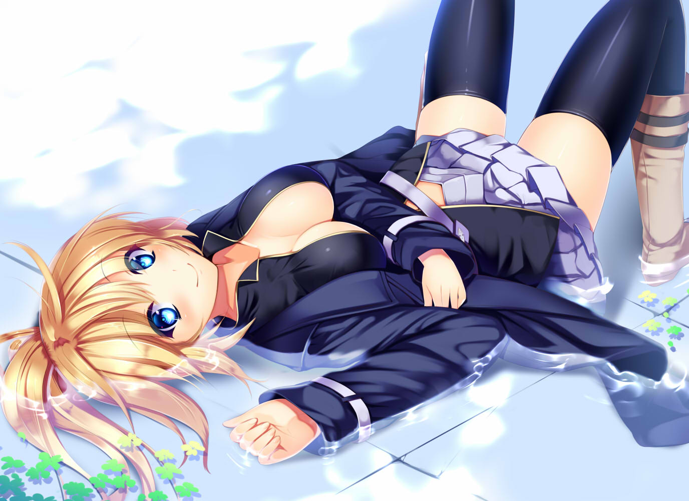 1girl, blonde_hair, blue_eyes, blush, breasts, cleavage, gen_(whiteline), long_hair