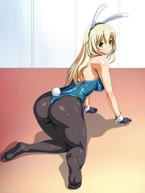 1girl, adapted_costume, animal_ears, ass, atago_(kantai_collection), black_gloves, black_legwear, blonde_hair