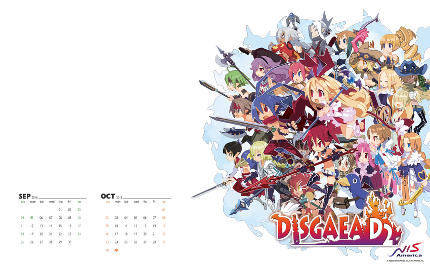 2016, 6+boys, 6+girls, animal, antenna_hair, archer_(disgaea), armor, arms_up