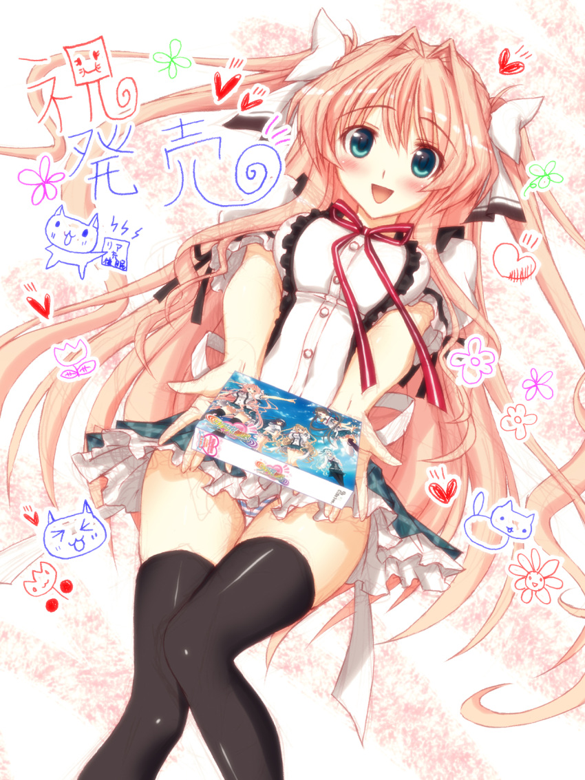 1girl, :d, blue_eyes, fusataka_shikibu, happy, highres, nogizaka_miki, open_mouth, pants, pink_hair, riajuu_saimin, school_uniform, smile, twintails, uniform