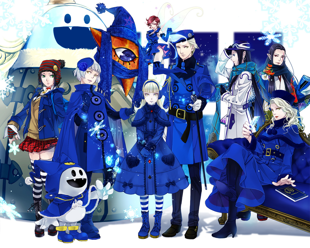 3boys, 5girls, aiguillette, alice_(megami_tensei), alternate_costume, beanie, beret, black_hair