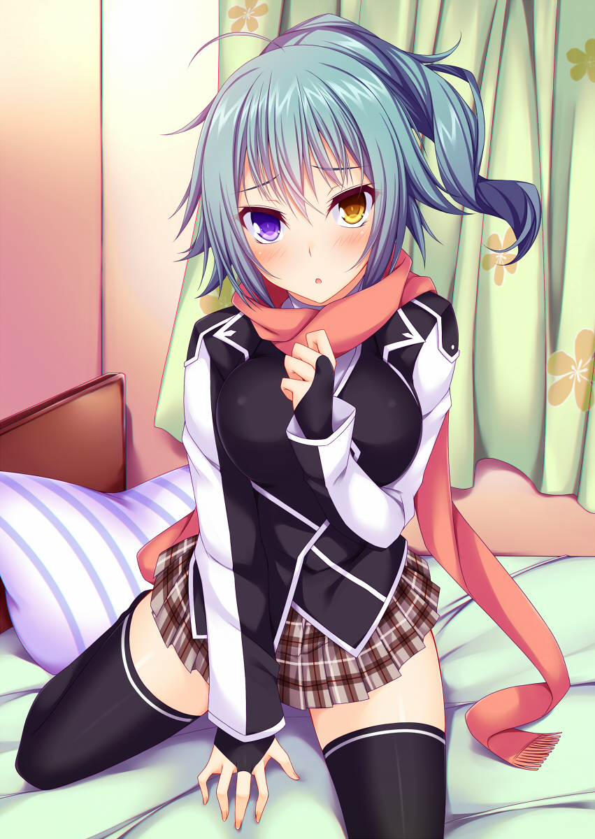 1girl, :o, ahoge, aqua_hair, bangs, bed_sheet, between_legs, black_gloves