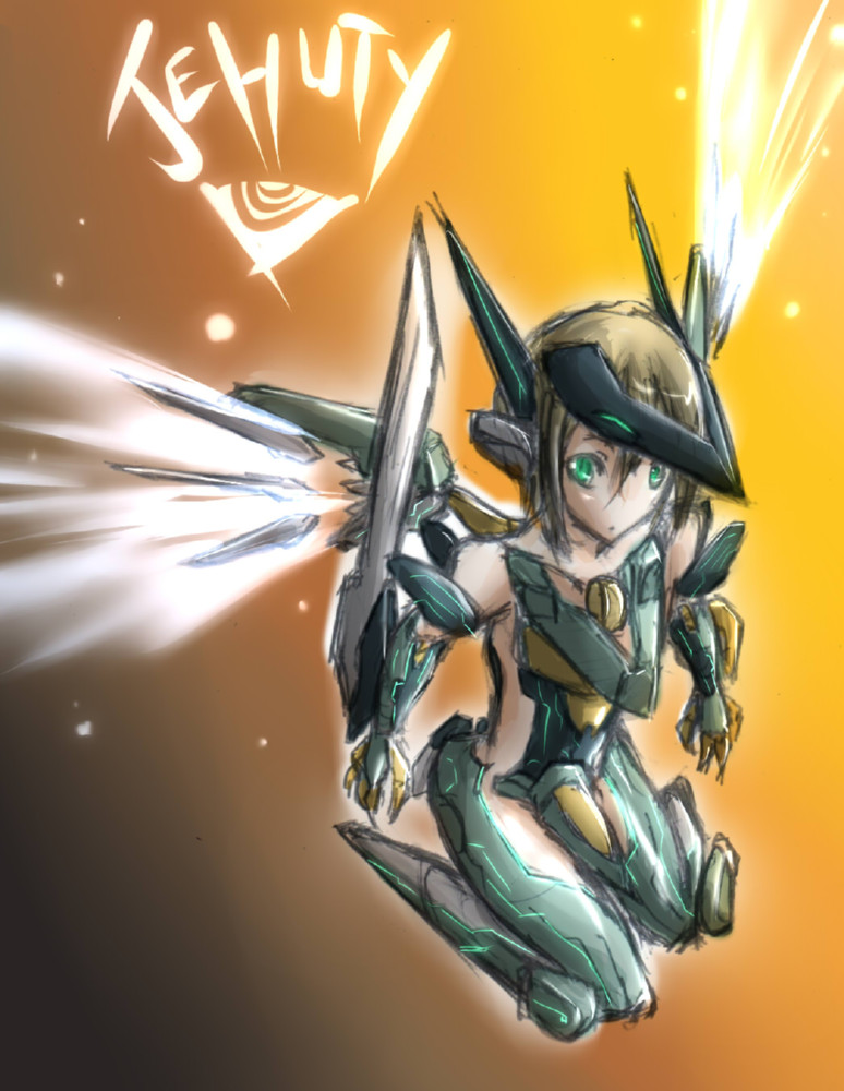 00s, 19, 19_(diske), 1girl, armor, blade, brown_hair, cockpit