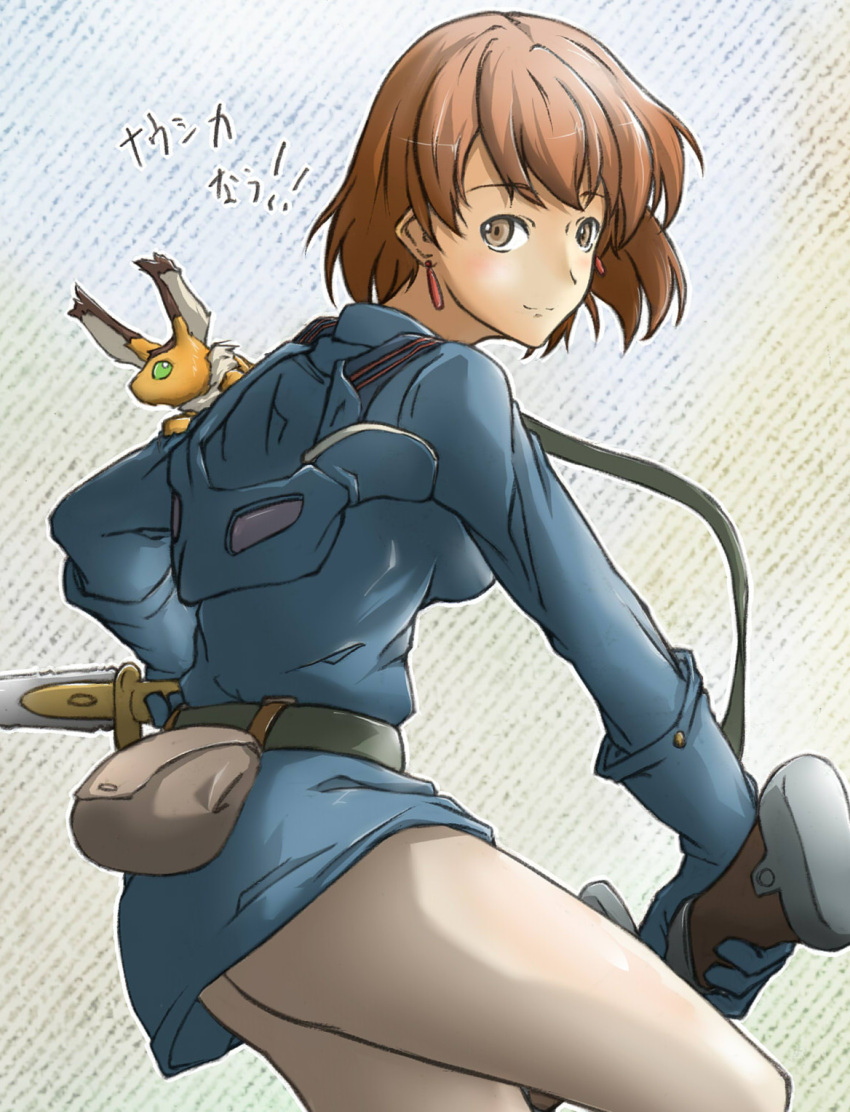 19, 19_(diske), 1girl, animal, bag, belt, brown_eyes, brown_hair