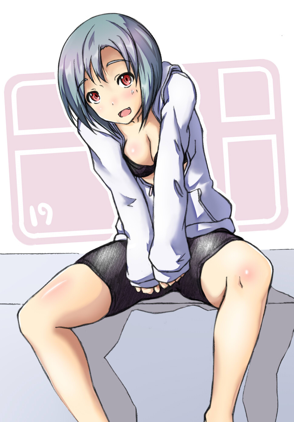 19, 19_(diske), 1girl, between_legs, bike_shorts, blouse, blue_hair, breasts