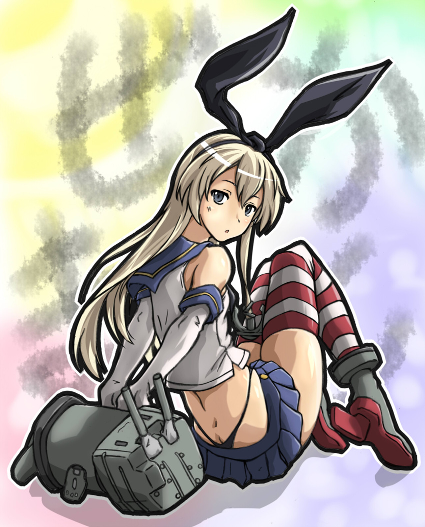 19_(diske), 1girl, :o, arms_behind_back, blonde_hair, blue_eyes, butt_crack, elbow_gloves