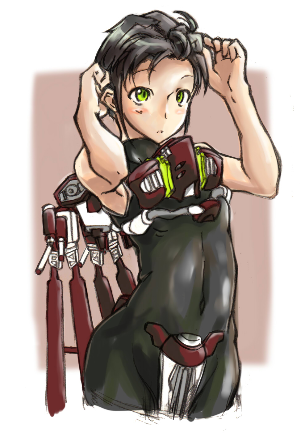 19, 19_(diske), 1girl, adjusting_hair, arched_back, armpits, black_hair, blush