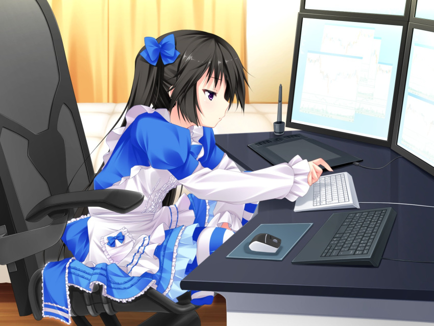 1girl, black_hair, blue_bow, bow, chair, computer, female, frilled_skirt