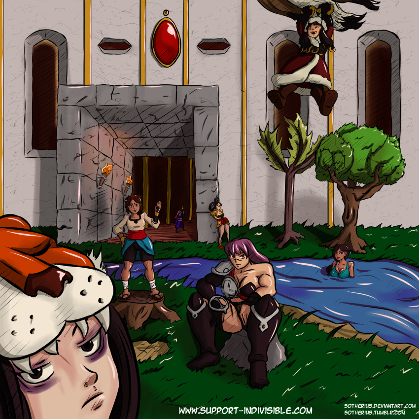 6+girls, ajna_(indivisible), beads, brown_hair, dark_skin, hair_ornament, highres, indivisible, kushi_(indivisible), multiple_girls, phoebe_(indivisible), razmi_(indivisible), thiago_zen_barros_farias, thorani_(indivisible), toko_(indivisible)
