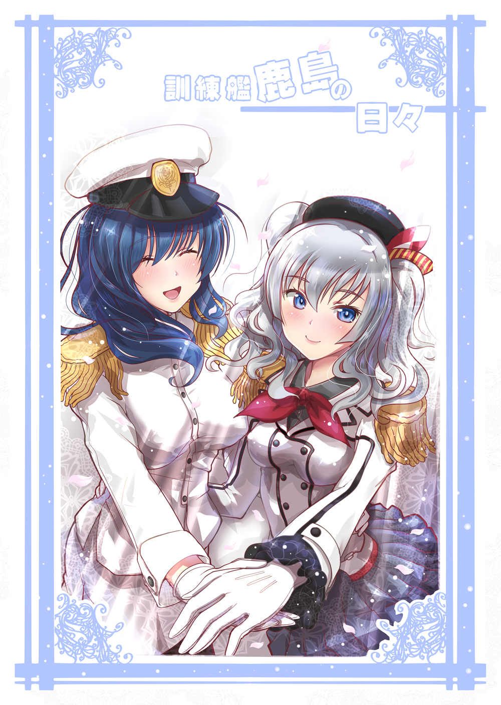 2girls, arm_around_waist, beret, blue_eyes, blue_hair, blush, breasts, chunyan