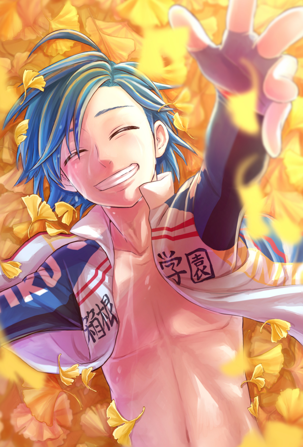 1boy, :d, ^_^, ahoge, arm_up, autumn_leaves, biker_clothes, blue_hair