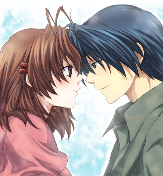 1girl, antenna_hair, blue_eyes, blue_hair, brown_eyes, brown_hair, clannad, couple