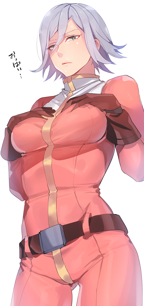 1girl, aqua_eyes, azee_gurumin, belt, bodysuit, breasts, cowboy_shot, gloves, gundam, gundam_tekketsu_no_orphans, hands_on_own_chest, kurumiya_hato, short_hair, silver_hair, simple_background, solo, white_background