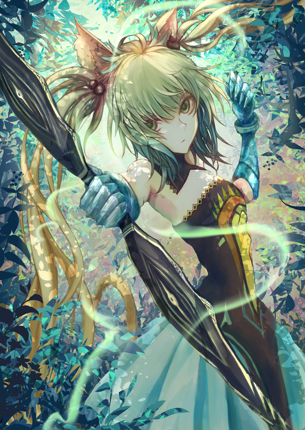 1girl, archer_of_red, armpits, bare_shoulders, beads, black_dress, blue_dress, bow_(weapon)