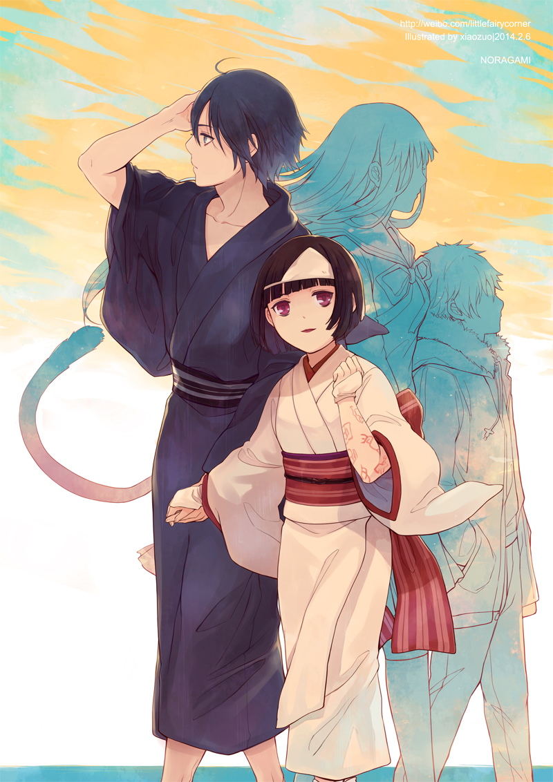 10s, 2014, 2boys, 2girls, ahoge, bangs, black_hair, blue_eyes