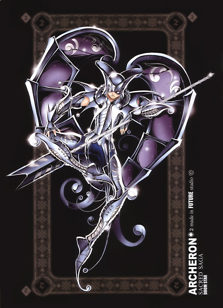 1boy, acheron_charon, armor, armored_boots, black_background, boots, future_studio_(artist), gauntlets
