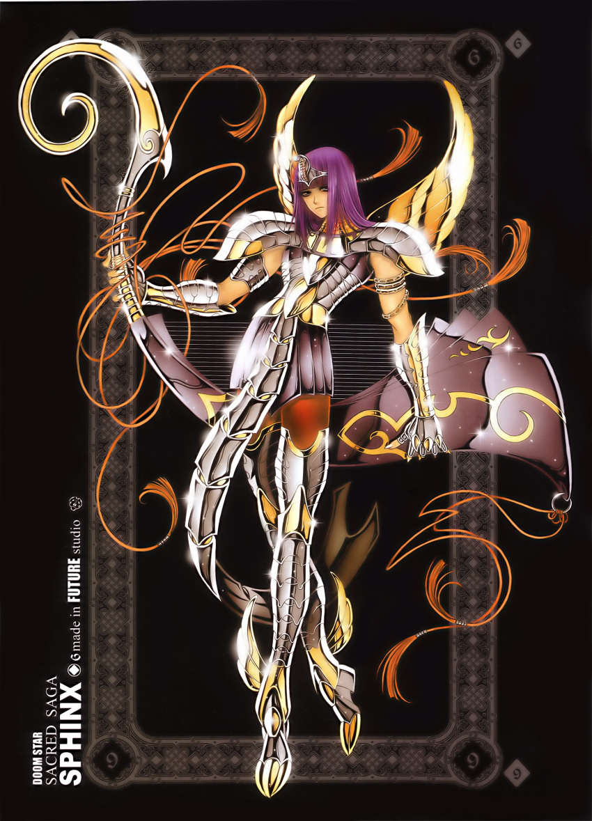 1boy, armor, armored_boots, black_background, future_studio_(artist), gauntlets, gloves, highres, long_hair, purple_hair, sacred_saga, saint_seiya, solo, sphinx_pharaoh