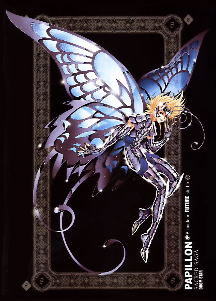 1boy, armor, armored_boots, black_background, blonde_hair, butterfly_wings, future_studio_(artist), gauntlets