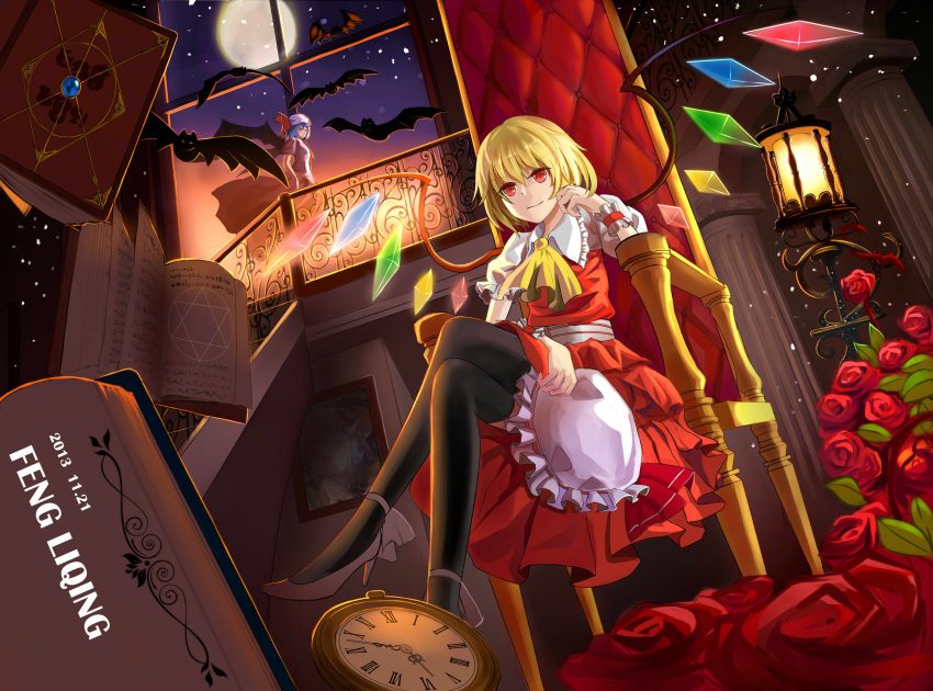 2girls, blonde_hair, blue_hair, flandre_scarlet, flower, full_moon, high_heels, highres