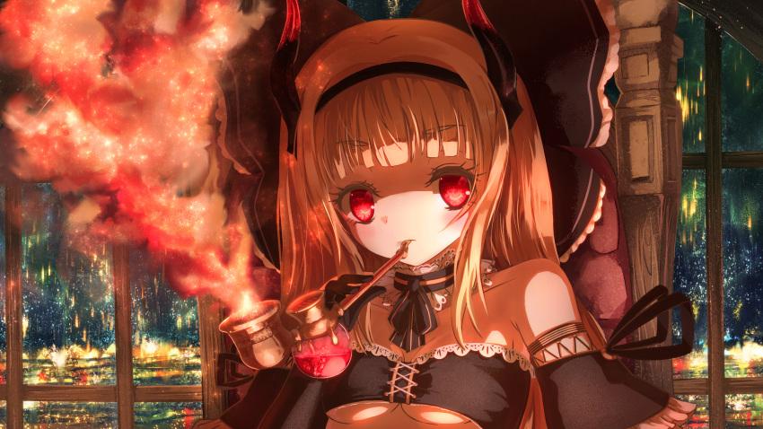 1girl, air_bubble, bandeau, bangs, bare_shoulders, black_bow, black_gloves, blonde_hair