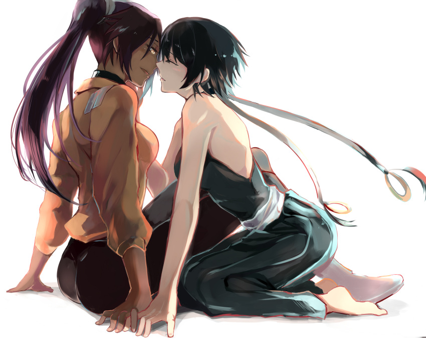 2girls, ass, barefoot, black_hair, bleach, blush, breasts, closed_eyes, dark_skin, highres, incipient_kiss, junjun_(kimi-la), long_hair, multiple_girls, ponytail, purple_hair, shihouin_yoruichi, sitting, sui-feng, yellow_eyes, yuri