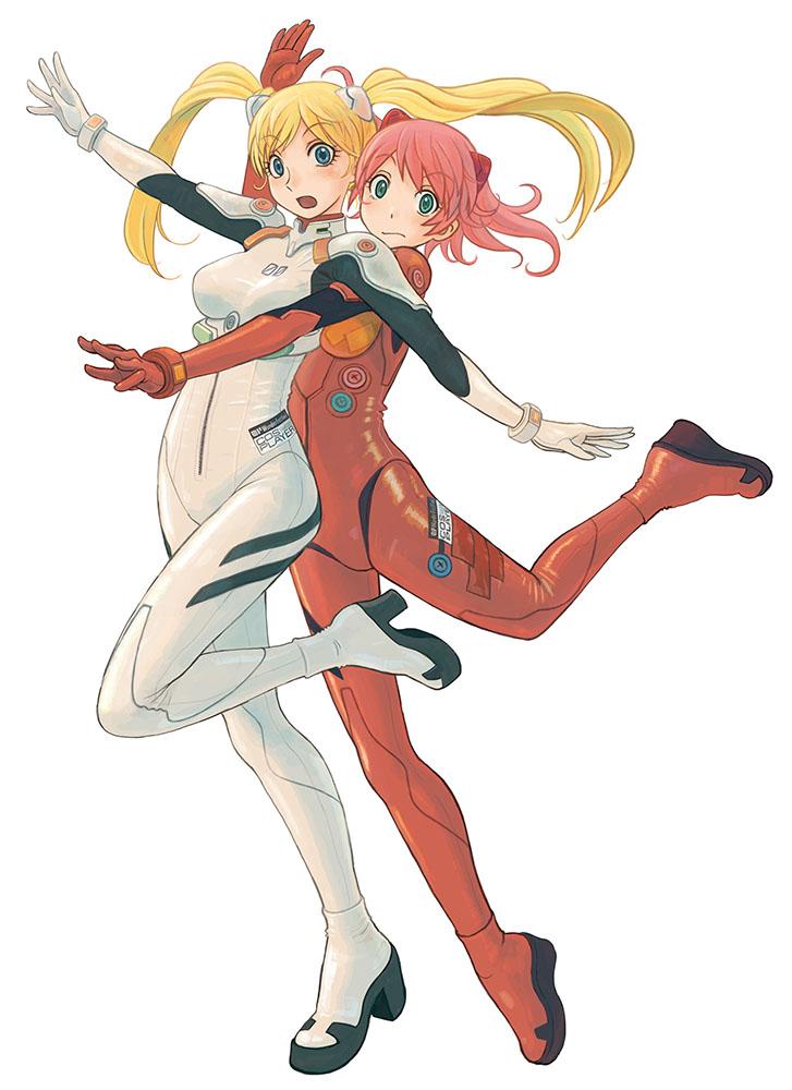 2girls, ayanami_rei, ayanami_rei_(cosplay), azuma_kiyohiko, blonde_hair, bodysuit, cosplay, hair_ornament