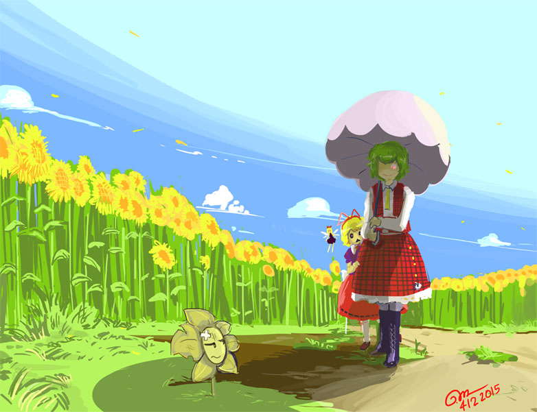 2girls, :<, ascot, backlighting, bandage, black_sclera, blonde_hair, blue_sky