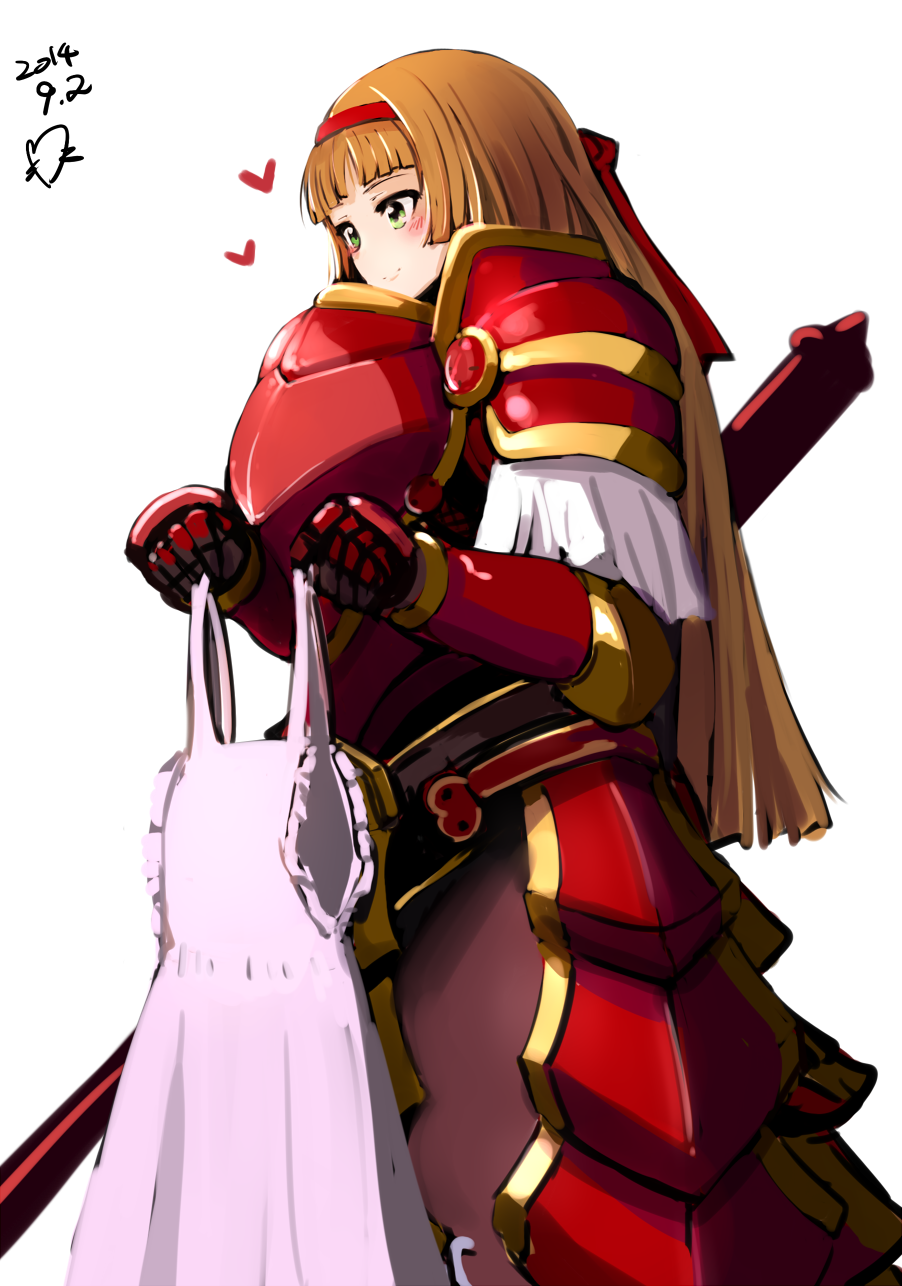 10s, 1girl, 2014, apron, armor, blush, brown_hair, gauntlets, green_eyes, headband, heart, highres, holding_clothes, long_hair, looking_to_the_side, momo_(higanbana_and_girl), rean_(sennen_sensou_aigis), red_armor, sennen_sensou_aigis, solo