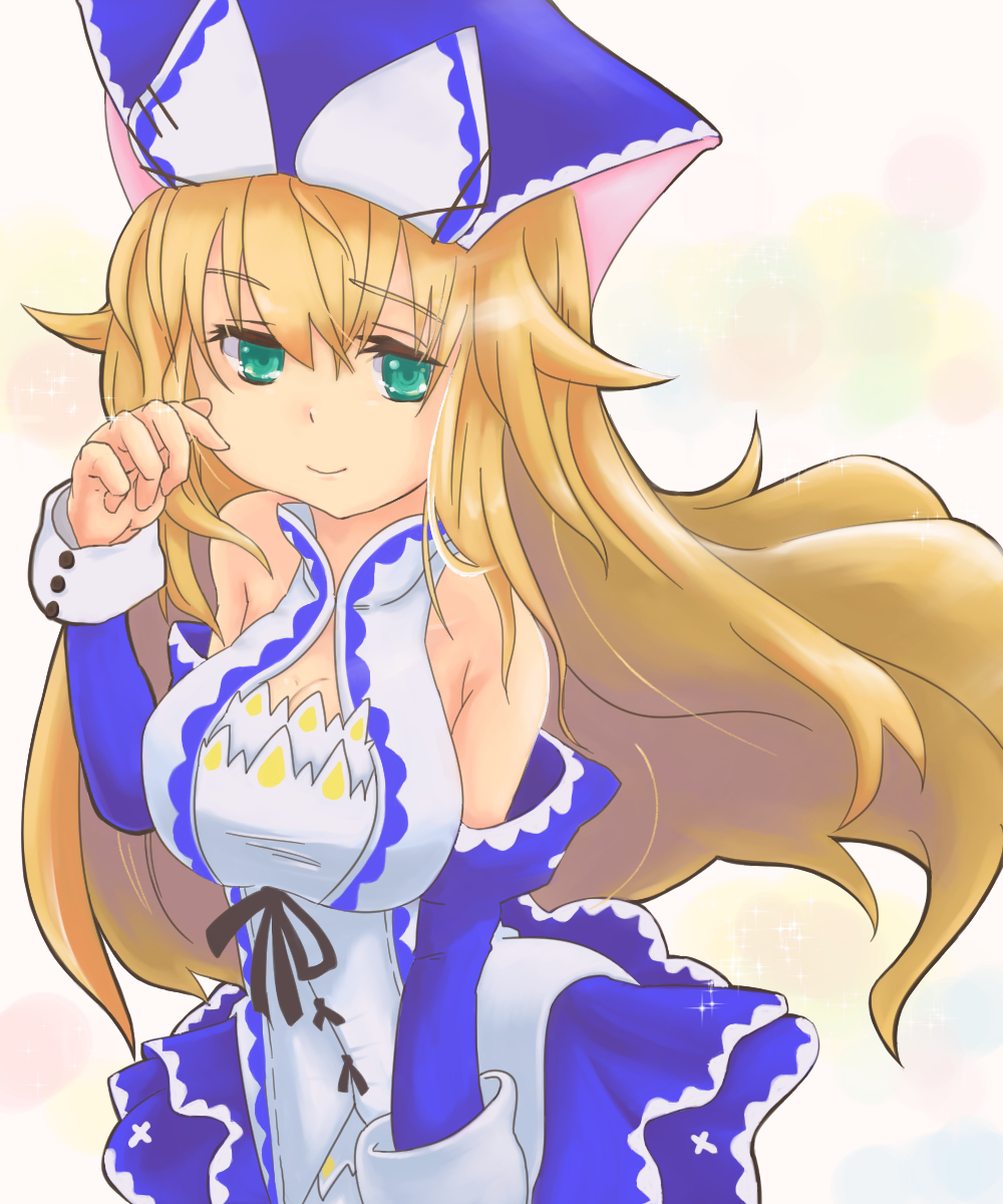 1girl, 39yukinko, aqua_eyes, bare_shoulders, blonde_hair, camilla_(sennen_sensou_aigis), headwear, highres, iyashite_kamira, long_hair, sennen_sensou_aigis, solo, upper_body