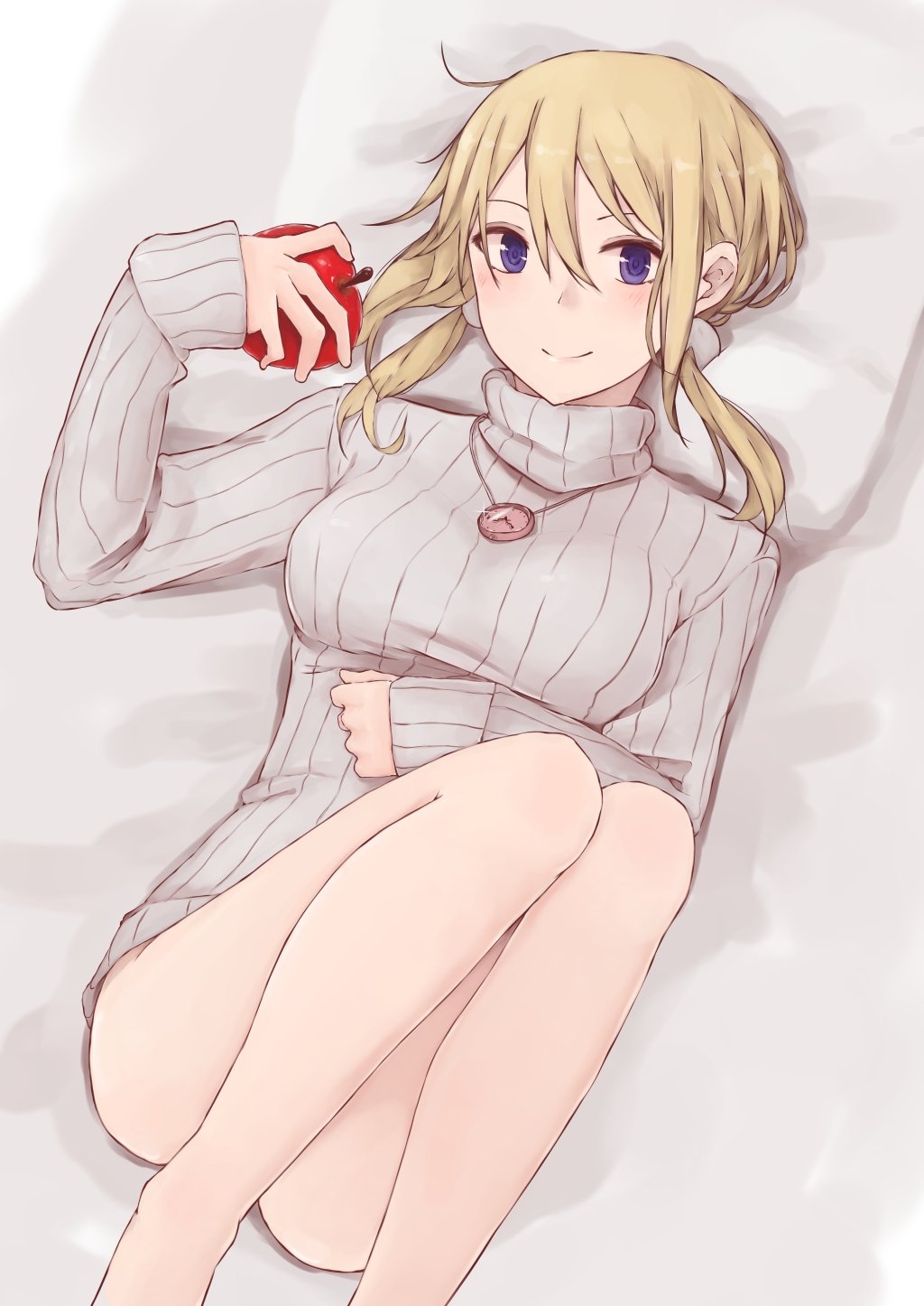 1girl, apple, blonde_hair, blush, breasts, check_commentary, clock, commentary_request