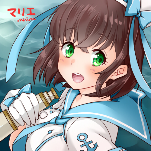 1girl, :d, anchor_symbol, artist_name, beret, blush, bow, brown_hair