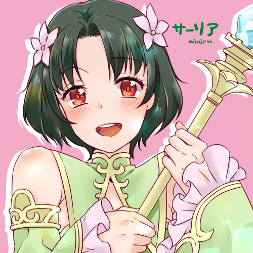 1girl, :d, artist_name, bare_shoulders, blush, character_name, flower, green_hair, hair_flower, hair_ornament, looking_at_viewer, lowres, miniru, open_mouth, pink_background, red_eyes, saria_(sennen_sensou_aigis), sennen_sensou_aigis, short_hair, smile, solo, staff, upper_body