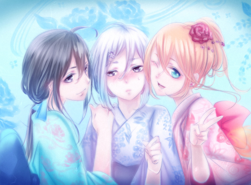 3boys, ahoge, alternate_hairstyle, androgynous, black_hair, blonde_hair, blue_eyes, blush