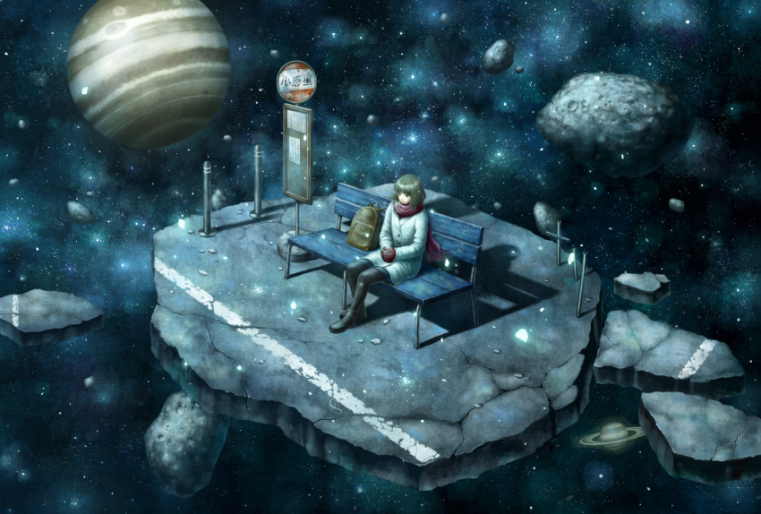1girl, asteroid, backpack, bag, bangs, bench, black_legwear, black_shoes