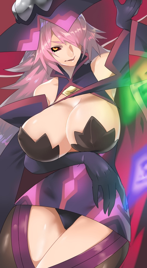 1girl, bare_shoulders, black_sclera, blazblue, blazblue:_central_fiction, breast_hold, breasts, cleavage, curvy, detached_sleeves, dress, erect_nipples, female, gloves, hair_over_one_eye, hat, huge_breasts, jerun, konoe_a_mercury, large_breasts, long_hair, looking_at_viewer, magic, panties, pantyshot, phantom_(blazblue), pink_hair, smirk, solo, thigh-highs, underwear, wide_hips, witch_hat, yellow_eyes