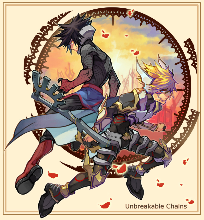 2boys, armor, back-to-back, black_hair, blue_eyes, brown_hair, cape, keyblade, kingdom_hearts, kingdom_hearts_birth_by_sleep, lidian_s, multiple_boys, petals, spiky_hair, sunset, vanitas, ventus, weapon, yellow_eyes