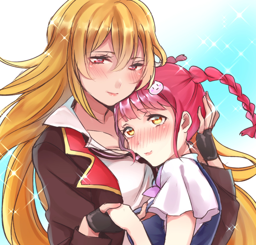 2girls, ahoge, bangs, black_gloves, blonde_hair, blush, bow, braid