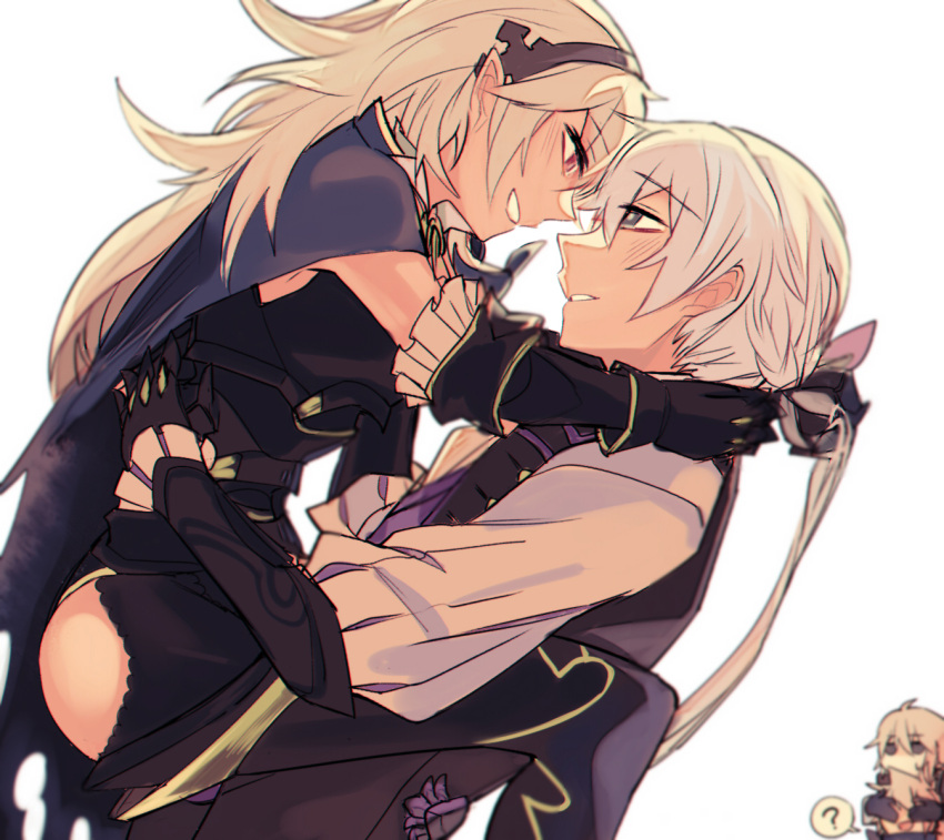 1girl, 3boys, armor, couple, covering_eyes, deere_(fire_emblem_if), eye_contact, family